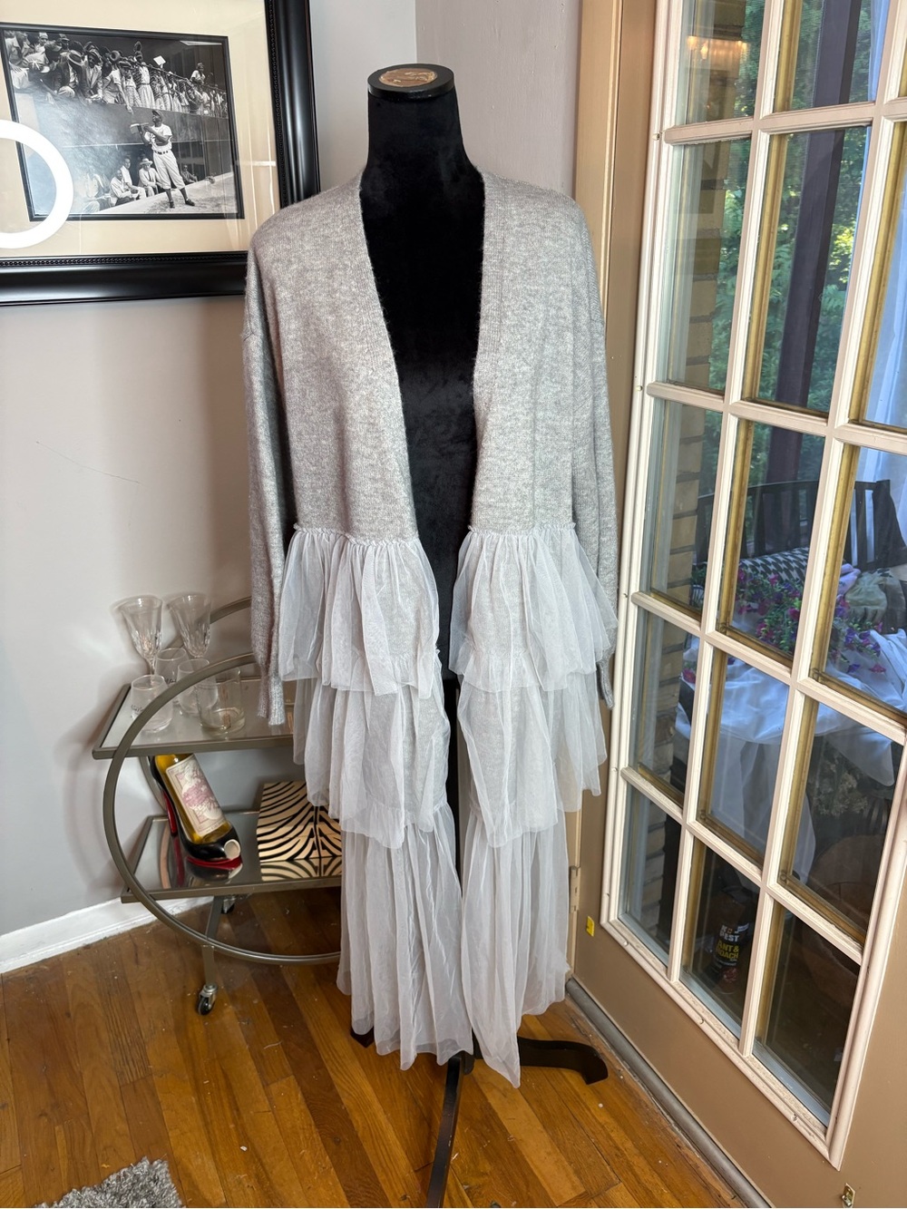 Sunday in Brooklyn Light Gray Tiered Tulle Open-Front Coatigan
